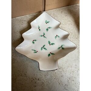 Vintage‎ Christmas Tree Shaped Ceramic Serving Dish with Holly Design